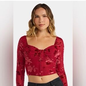 Corset Crop Top Red Velvet Floral Long Sleeve